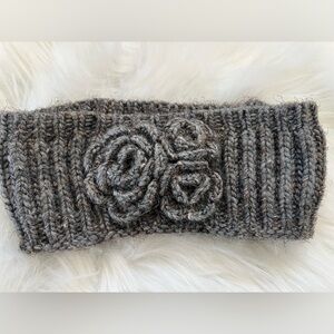 Cozy Gray Knit Headband with Flower Accent